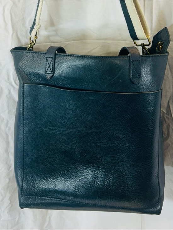 Madewell Handbags - Madewell Deep Teal Leather Tote with Striped Canvas Strap